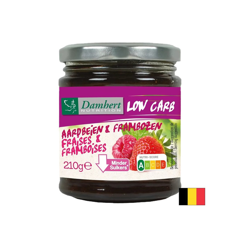Raspberry and strawberry jam with low sugar and carbohydrate content, 210 g - Nutra Best Europe