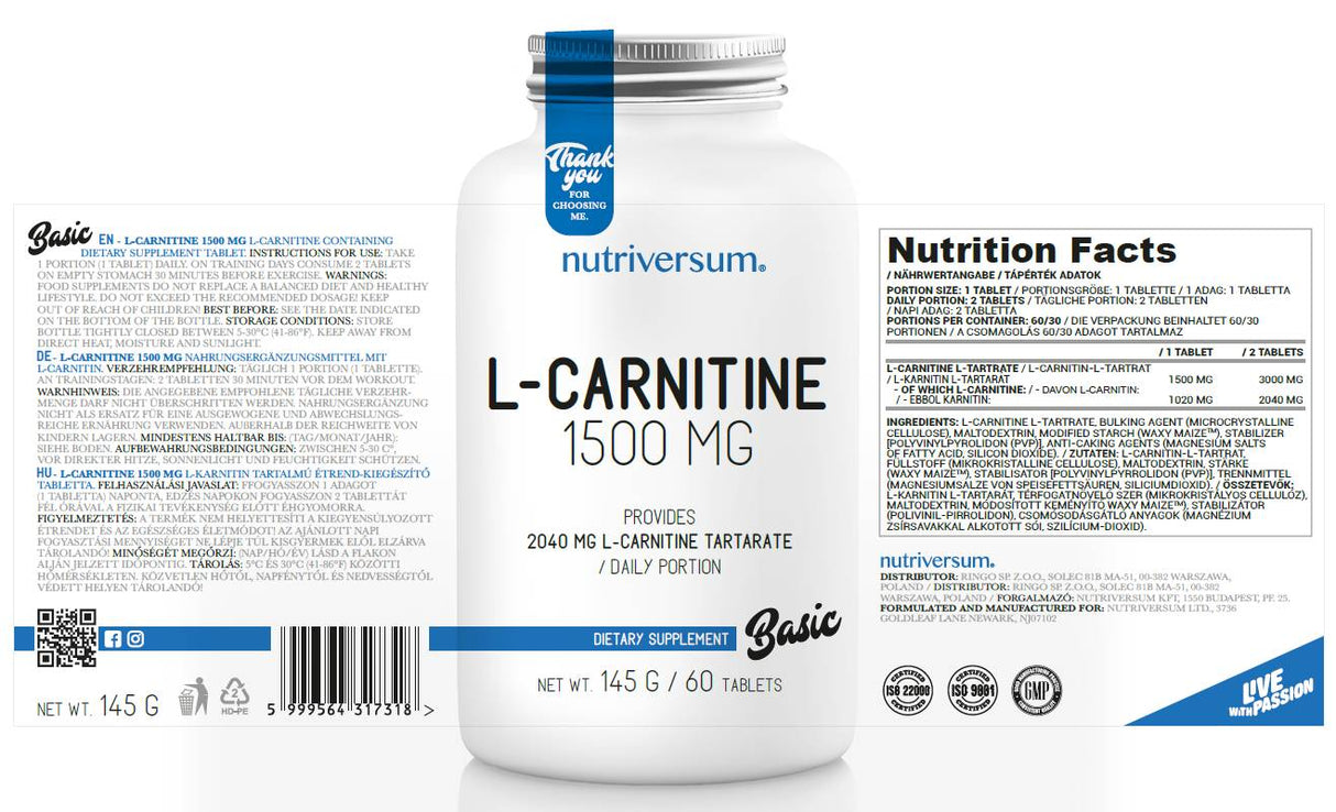 L-Carnitine 1500 mg - 60 Tablets - Nutra Best Europe