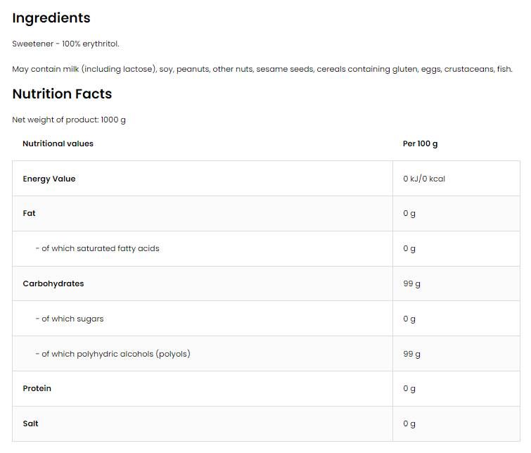 Erythritol / Sugar Free Sugar - 1000 grams - Nutra Best Europe