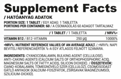 Vitamin B12 250 mcg | Cyancobalamin 60 Tablets - Nutra Best Europe