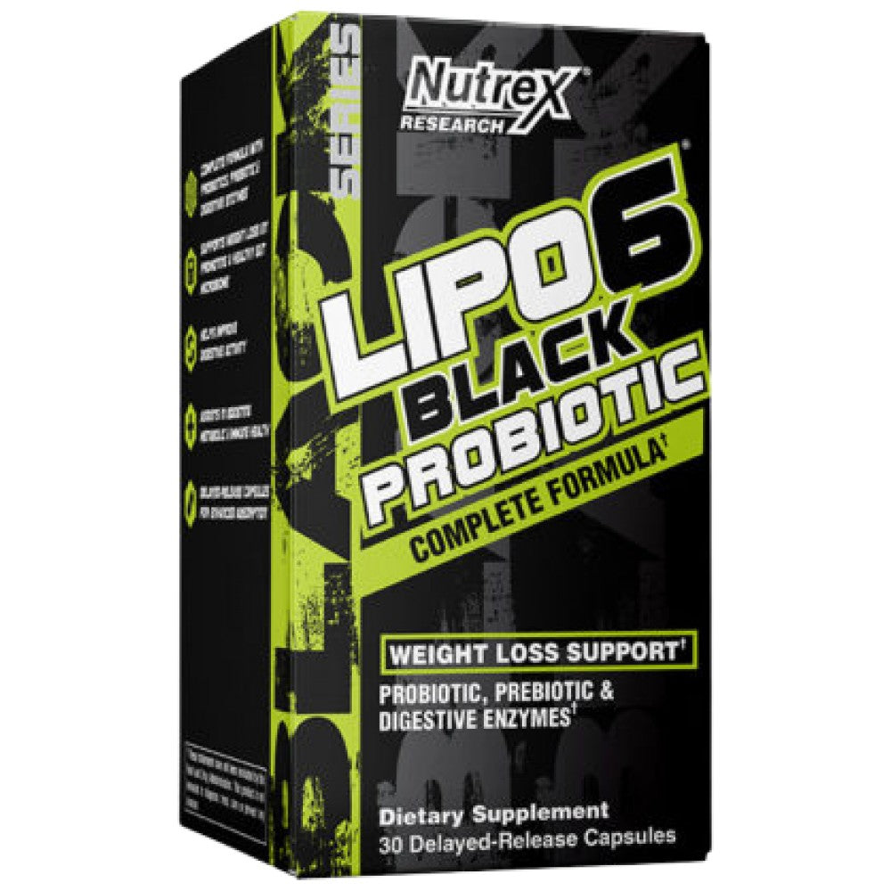 Lipo 6 Black Probiotic | Complete Formula with Prebiotic + Digestive Enzymes - 30 capsules - Nutra Best Europe