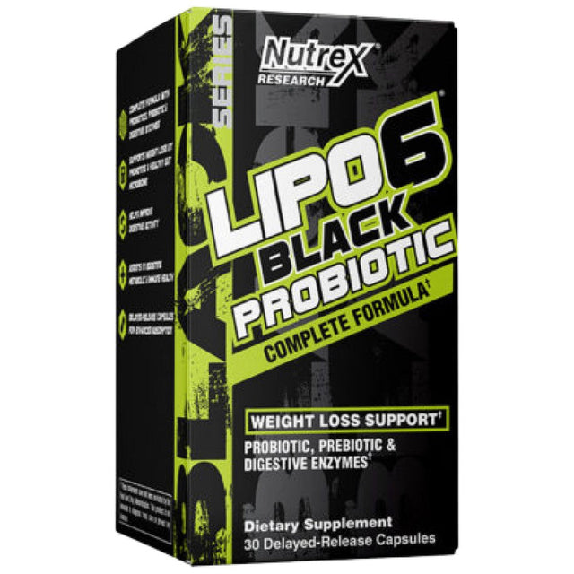 Lipo 6 Black Probiotic | Complete Formula with Prebiotic + Digestive Enzymes - 30 capsules - Nutra Best Europe