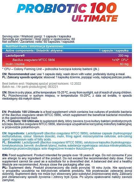 Probiotic 100 Ultimate | LactoSpore® - 60 capsules - Nutra Best Europe