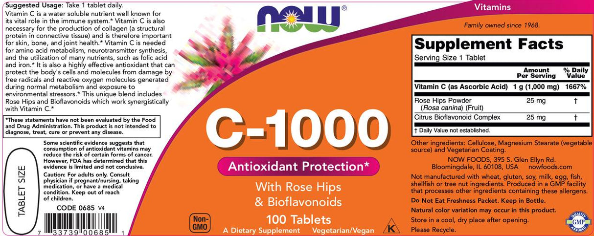 Vitamin C-1000 / with Rose Hips + Bioflavonoids - 250 Tablets - Nutra Best Europe