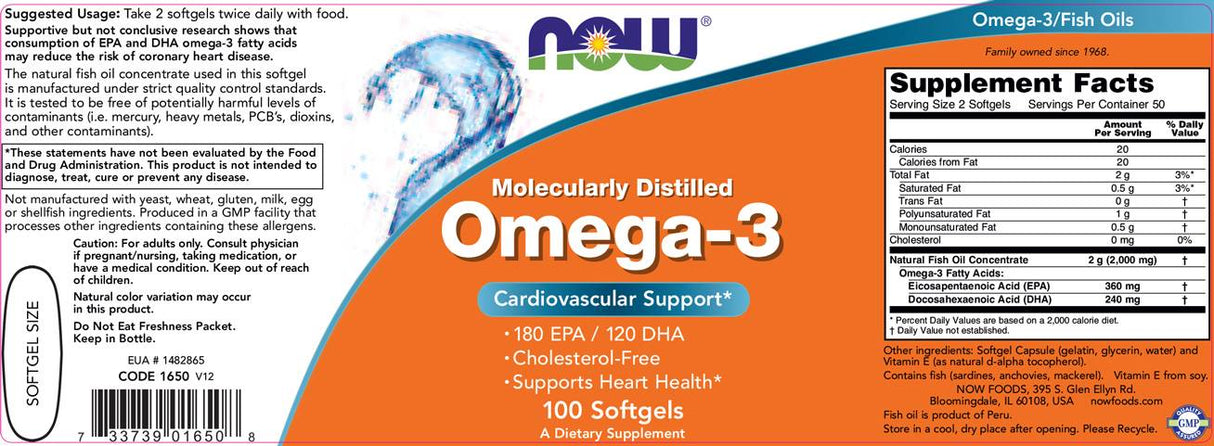Omega 3 1000 mg / Molecularly Distilled - 100 Gel capsules - Nutra Best Europe