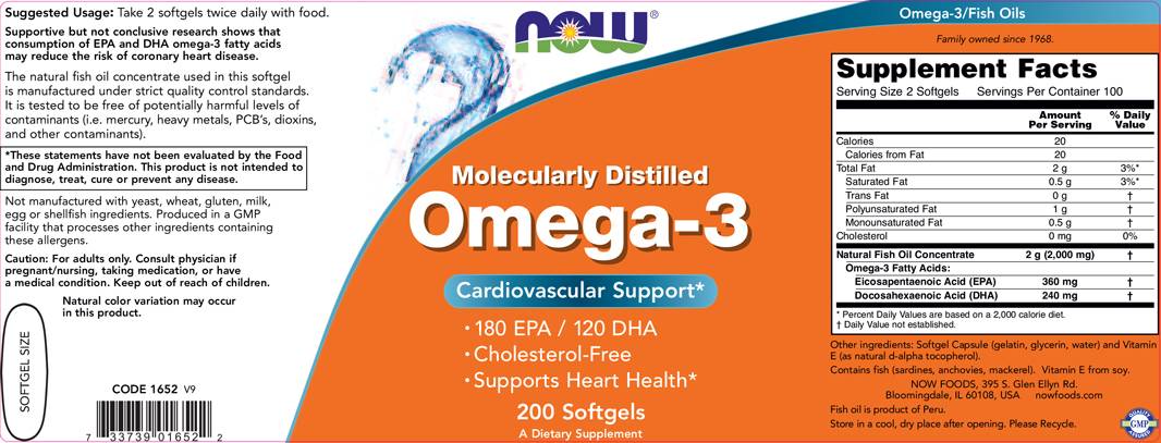 Omega 3 1000 mg / Molecularly Distilled - 200 Gel capsules - Nutra Best Europe