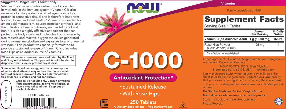 Vitamin C-1000 with Rose Hips / Sustained Release - 100 Tablets - Nutra Best Europe
