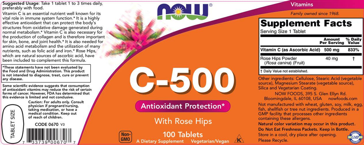 Vitamin C-500 with Rose Hips - 250 Tablets - Nutra Best Europe