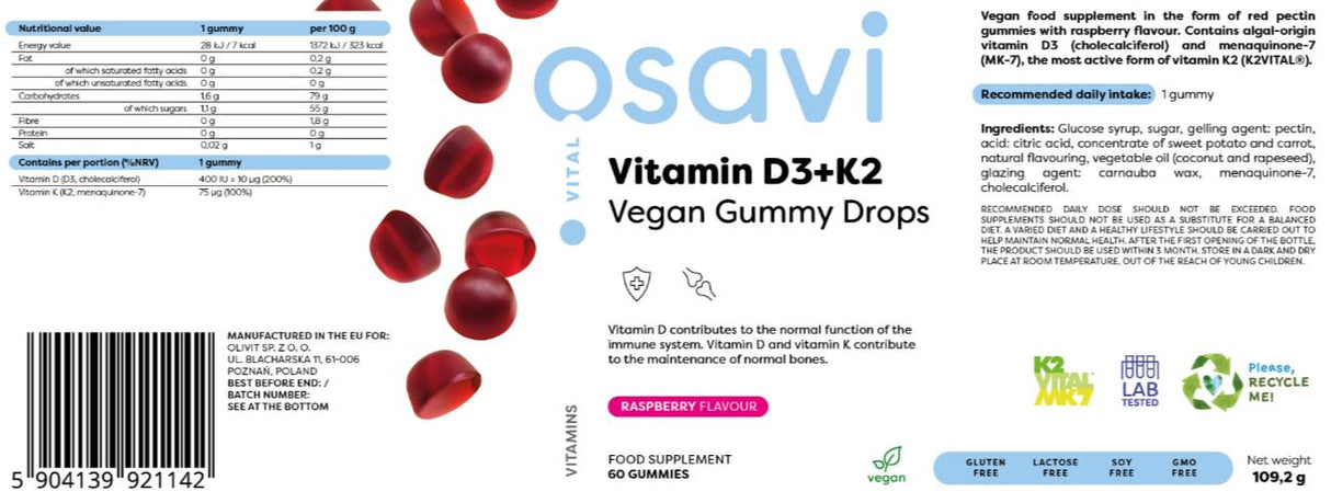 Vitamin D3 400 IU + K2 75 mcg | Vegan Gummy Drops - 60 Candies - Nutra Best Europe