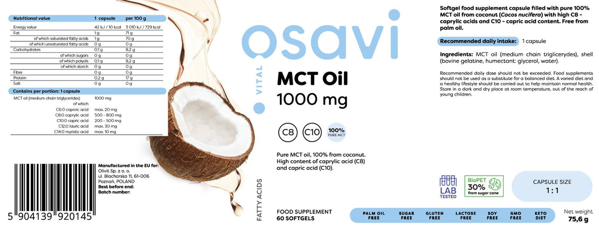 MCT Oil 1000 mg | C8 + C10 - 60 Softgels - Nutra Best Europe
