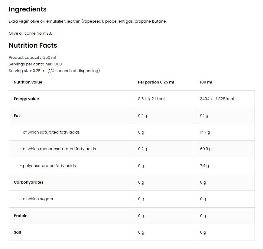 Cooking Spray / Olive Oil 250 ml - Nutra Best Europe