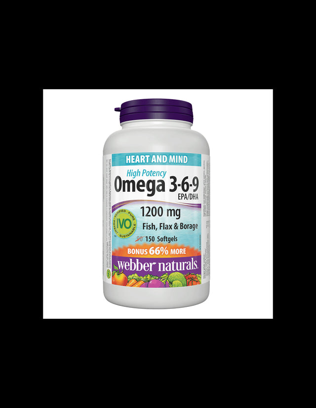 Omega 3-6-9 essential fatty acids - Hormonal balance, heart and brain function, 1200 mg x 150 softgel capsules - Nutra Best Europe