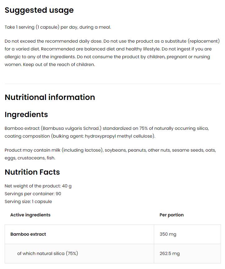 Silica Bamboo 350 mg / Vege 90 capsules - Nutra Best Europe