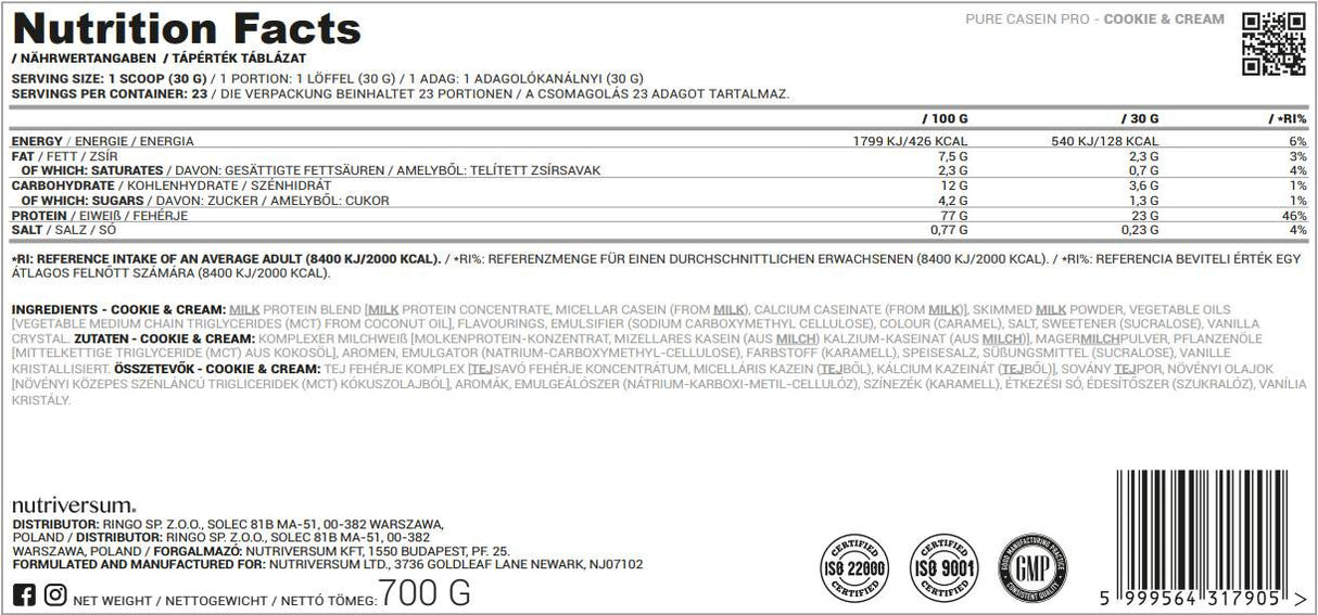 Casein Pro Pure - 500 grams - Nutra Best Europe