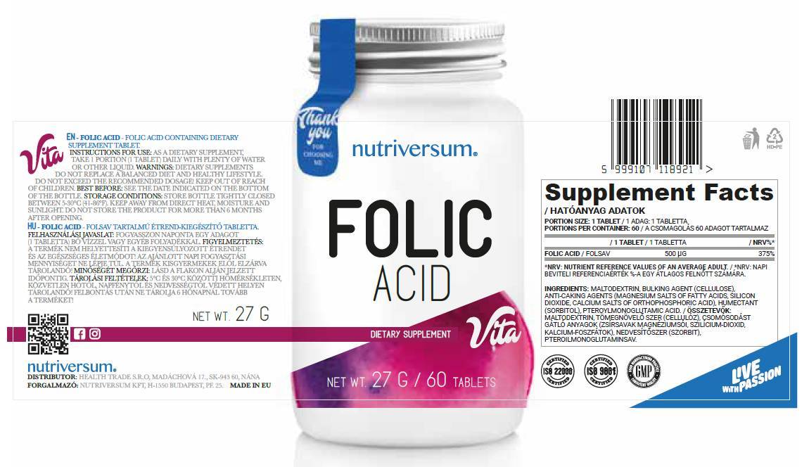 Folic Acid 500 mcg - 30 Tablets - Nutra Best Europe