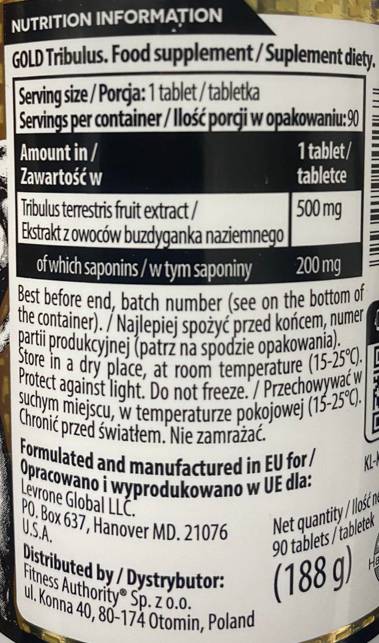 Gold Tribulus 500 mg - 90 Tablets - Nutra Best Europe