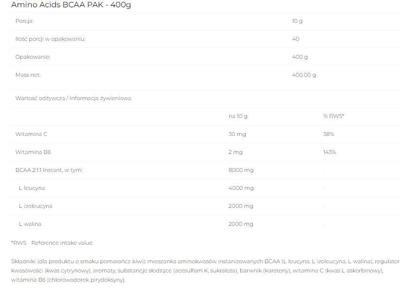 BCAA PAK 2:1:1 Instant - 400 grams - Nutra Best Europe