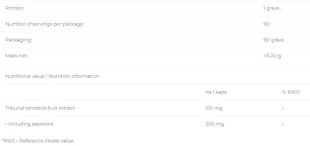Tribulus Terrestris 210 mg - 90 capsules - Nutra Best Europe