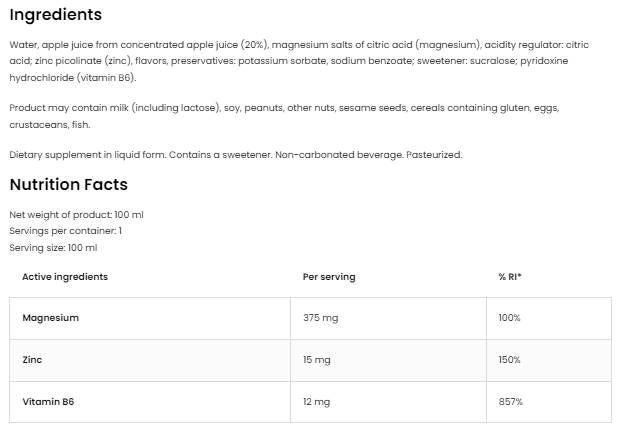 Magnesium + Zn + B6 Shot - 100 ml - Nutra Best Europe