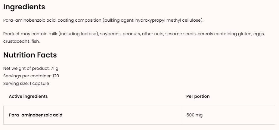 PABA 500 mg 120 capsules - Nutra Best Europe