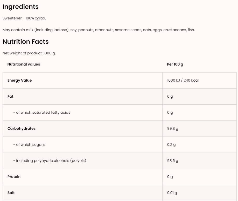 Xylitol / Sugar Free Sweetener - 1000 грама - Nutra Best Europe