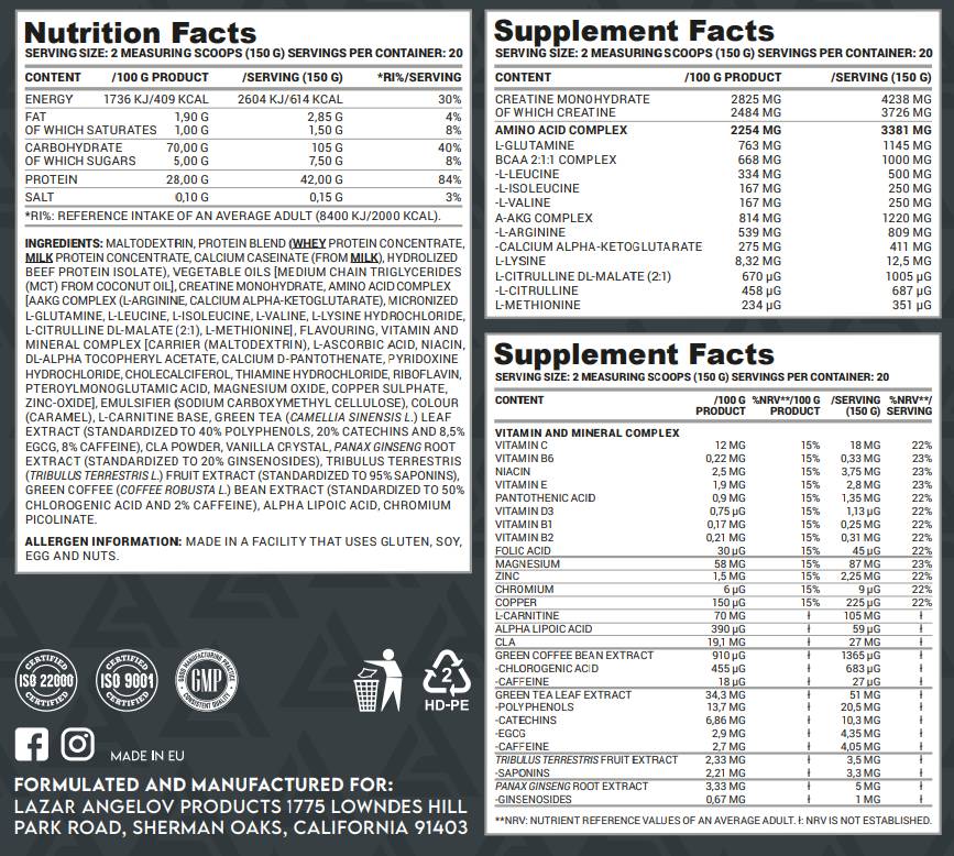 Massive Gainer | with Creatine, Amino Acids & Vitamins - 3000 grams - Nutra Best Europe