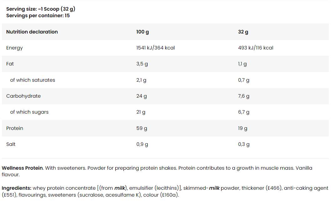 Wellness Protein | with 100% Whey Protein Concentrate - 480 grams - Nutra Best Europe