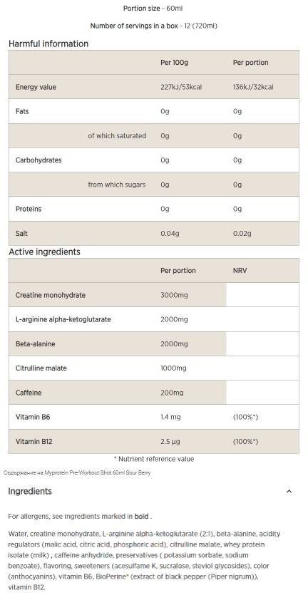 Pre-Workout Shot 60 ml - Nutra Best Europe
