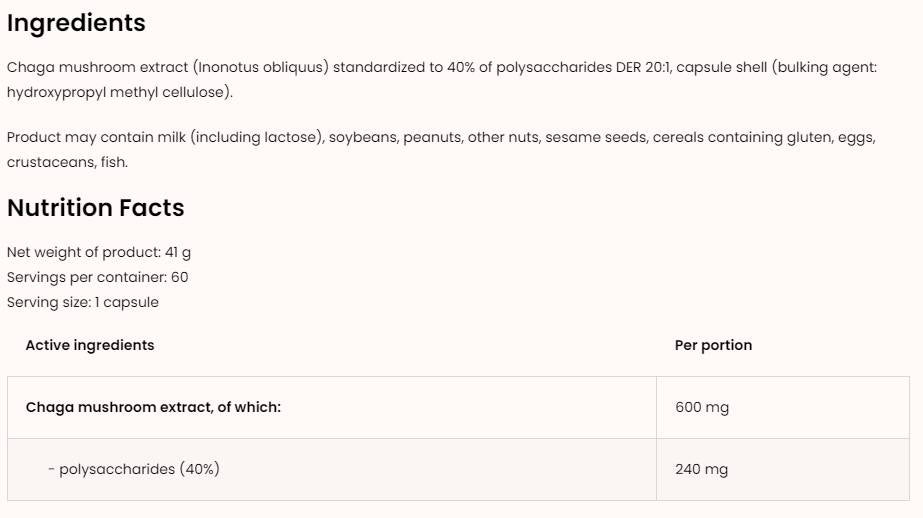 Chaga 600mg | Vege 60 capsules - Nutra Best Europe
