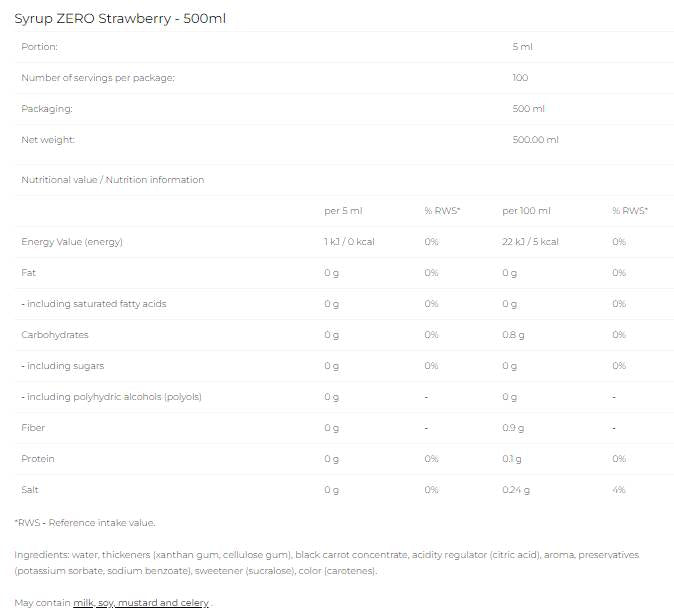 Syrup Zero - Strawberry - 500 ml - Nutra Best Europe