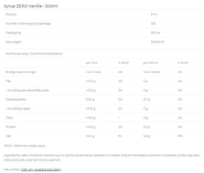 Syrup Zero - Vanilla - 500 ml - Nutra Best Europe