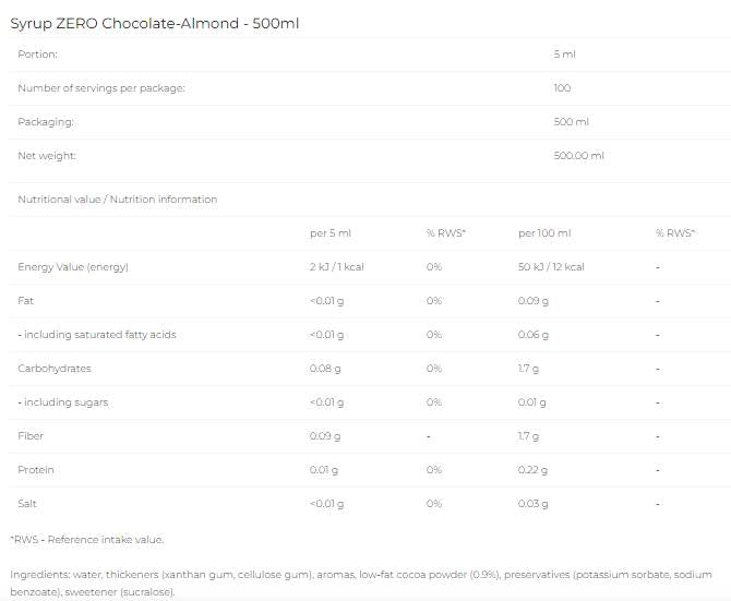 Syrup Zero - Chocolate Almond - 500 ml - Nutra Best Europe