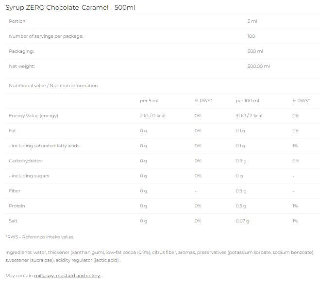 Syrup Zero - Chocolate Caramel - 500 ml - Nutra Best Europe