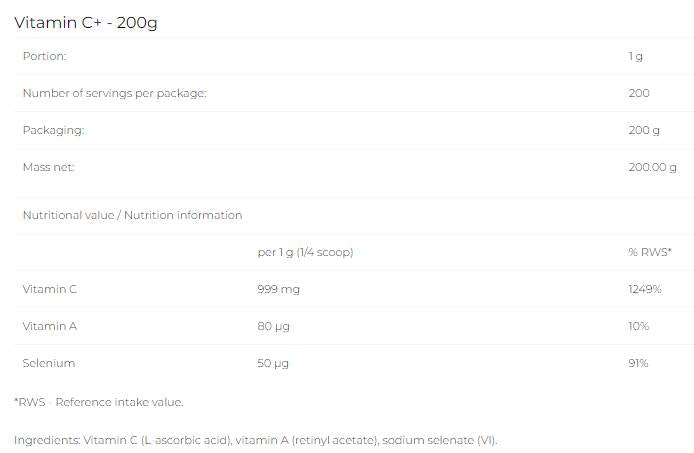 Vitamin C + Selenium + Vitamin A [200 grams, 200 Doses] - Nutra Best Europe