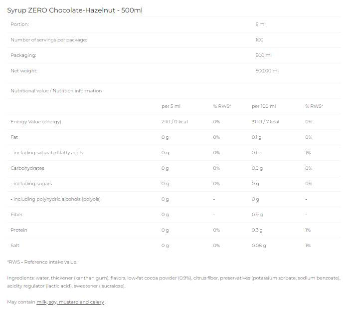 Syrup Zero - Chocolate Hazelnut - 500 ml - Nutra Best Europe