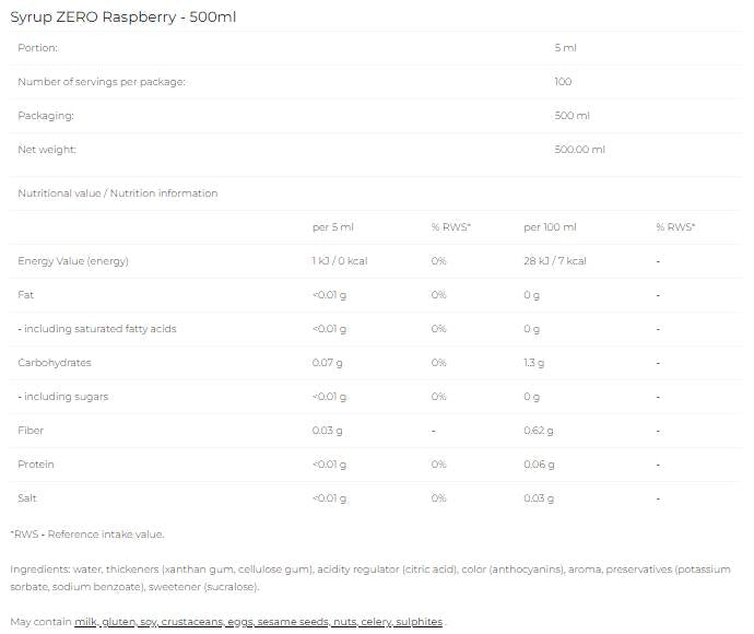 Syrup Zero - Raspberry - 500 ml - Nutra Best Europe