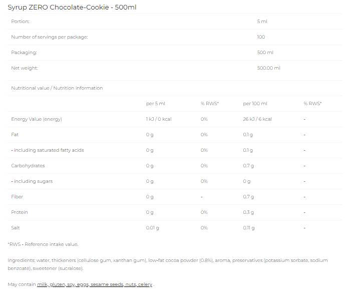 Syrup Zero - Chocolate Cookies - 500 ml - Nutra Best Europe