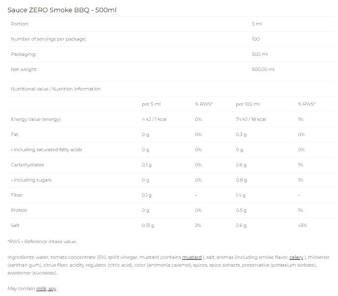 Sauce Zero - Smoke BBQ - 500 ml - Nutra Best Europe