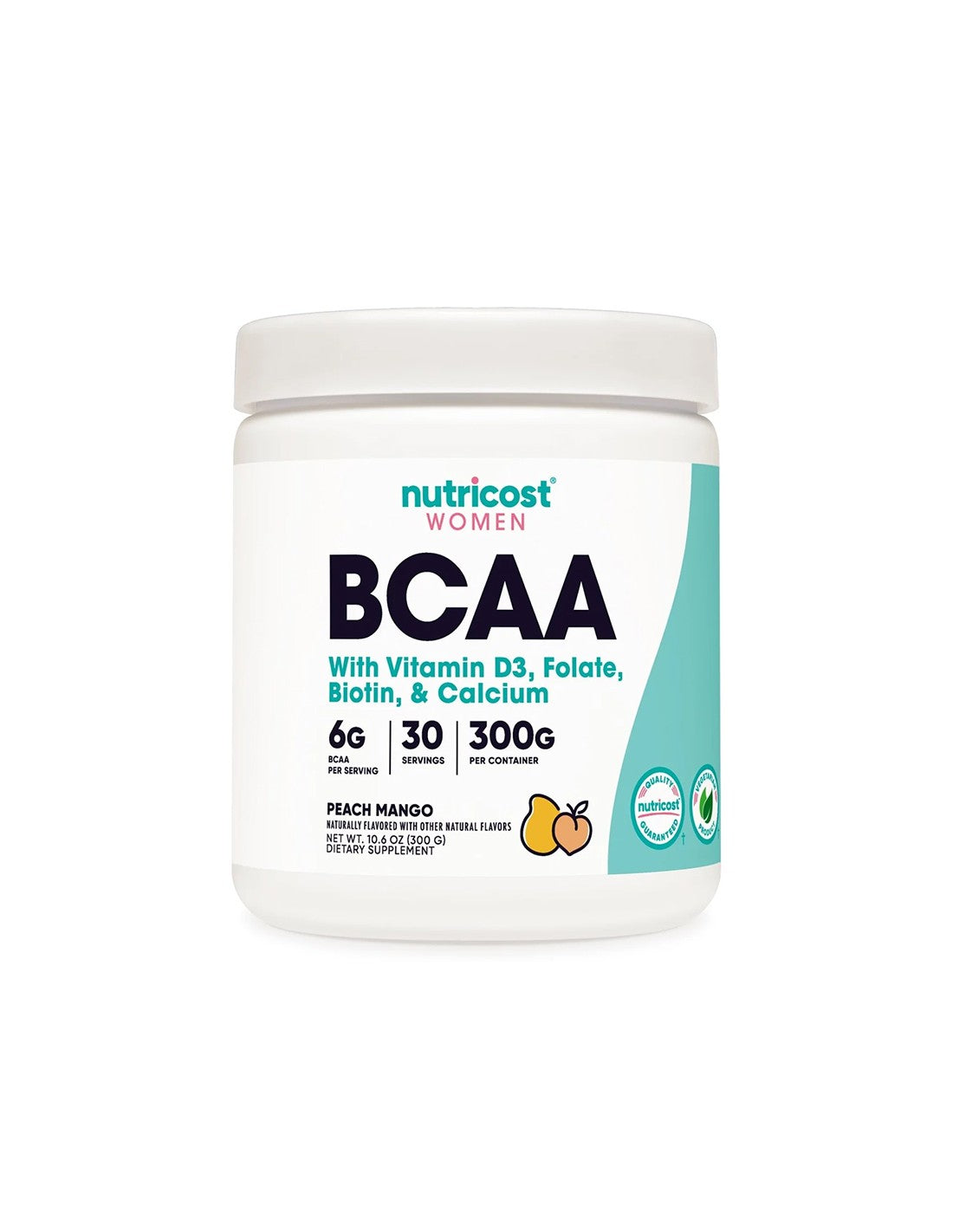 Branched chain amino acids BCAA + vitamin D3, folic acid, biotin, calcium (for women), 300 g powder with mango flavor - Nutra Best Europe