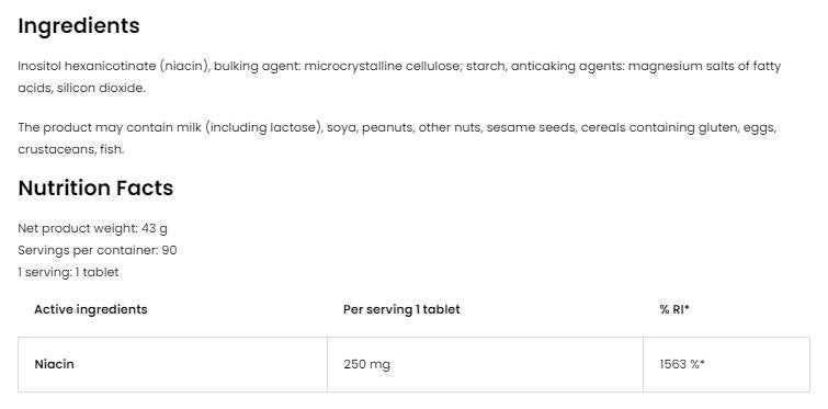 Niacin 250 | No-Flush 90 Tablets - Nutra Best Europe